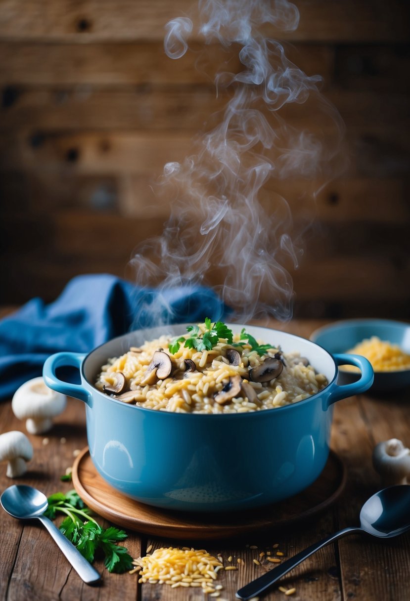 A steaming pot of creamy mushroom risotto on a wooden table with scattered ingredients and a ladle