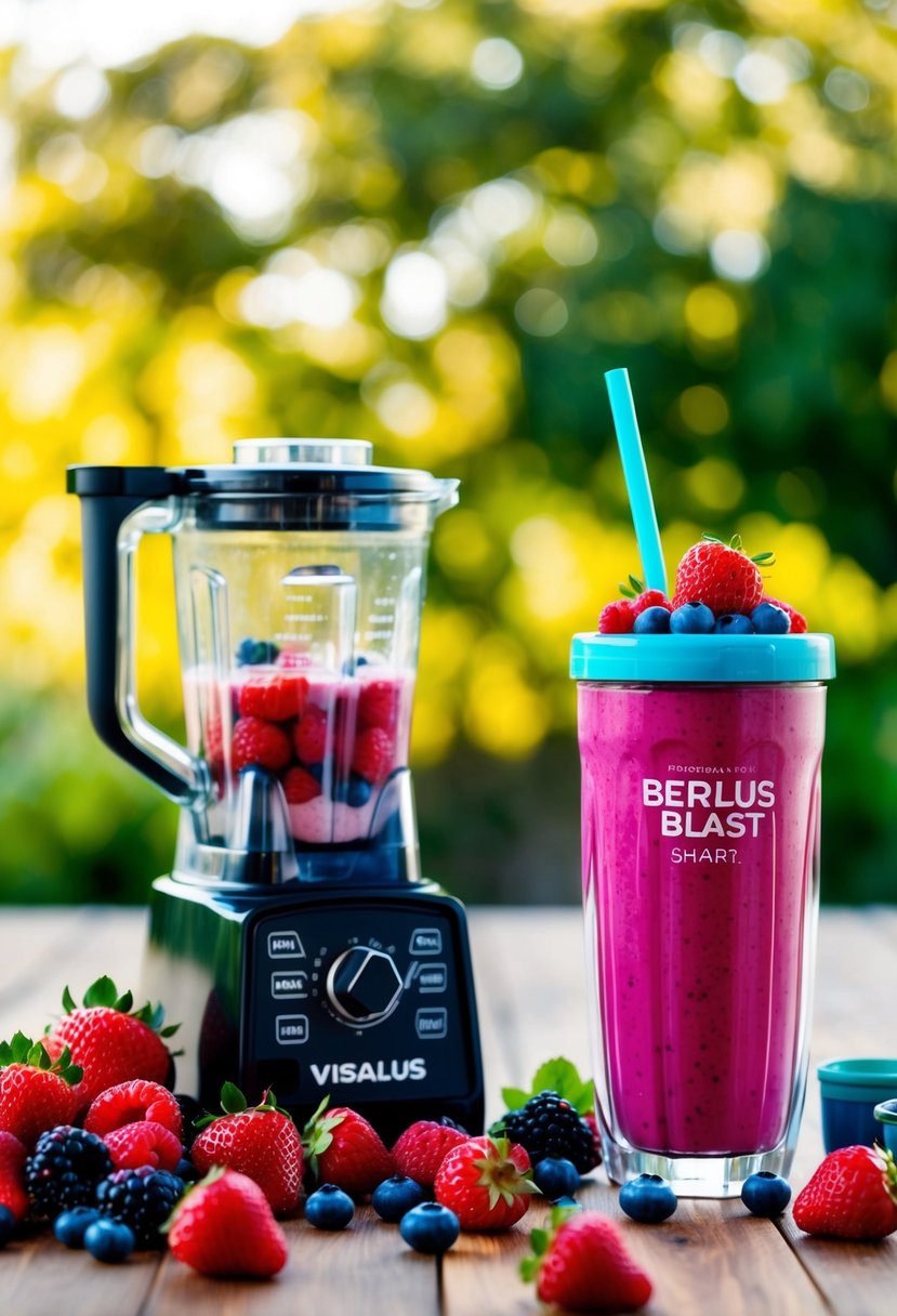 A colorful array of fresh berries, a blender, and a glass filled with a vibrant Berry Blast ViSalus shake