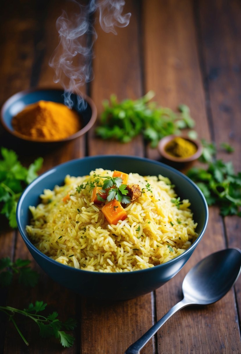 A steaming bowl of curried rice sits on a wooden table with a spoon beside it. Aromatic spices and herbs surround the dish