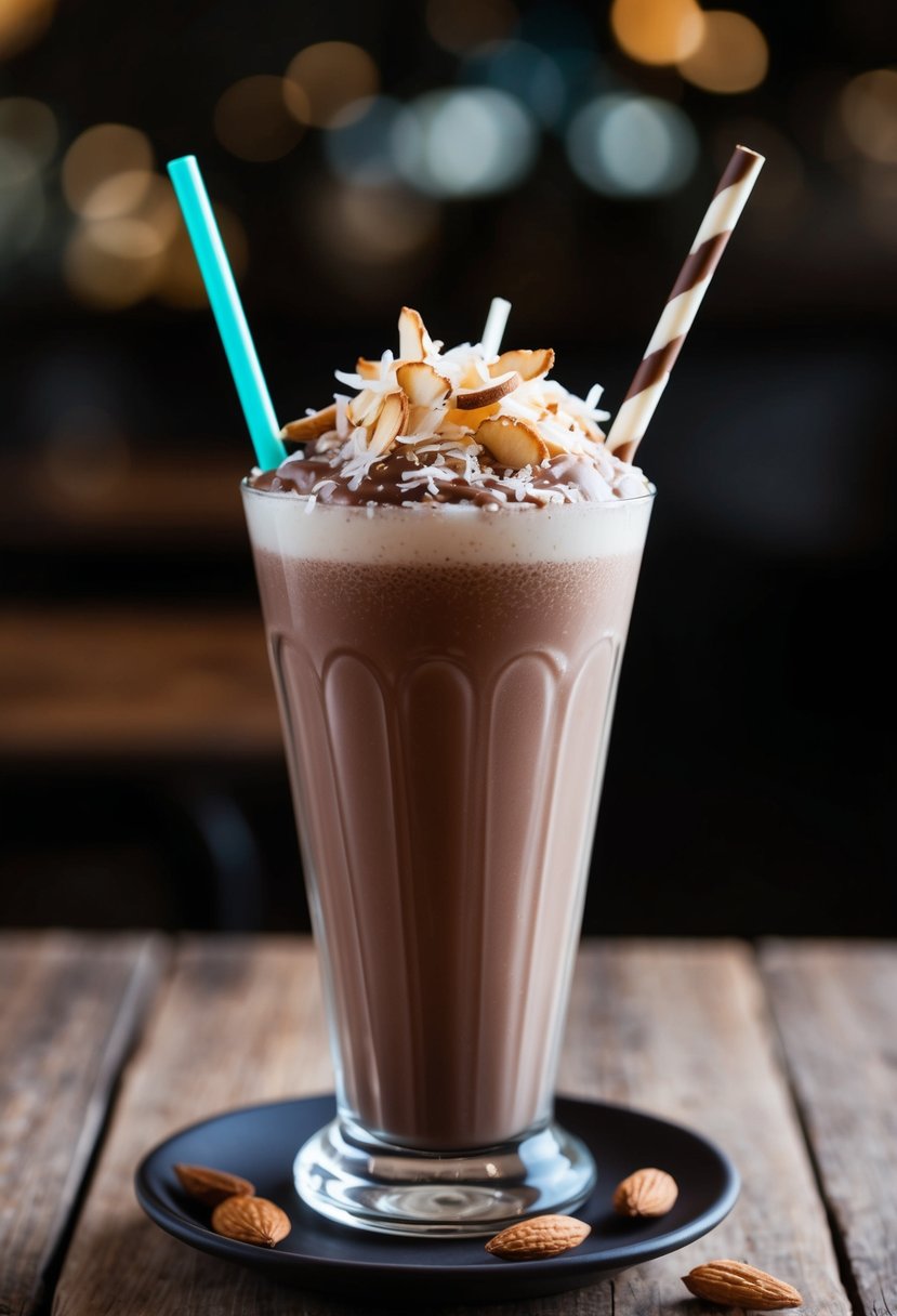 A tall glass filled with a creamy, chocolate-colored shake topped with shredded coconut and sliced almonds