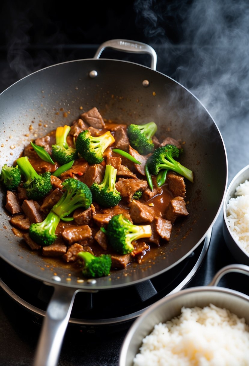 A sizzling wok filled with beef, broccoli, and vibrant stir-fry sauce, surrounded by a steaming pot of fluffy white rice