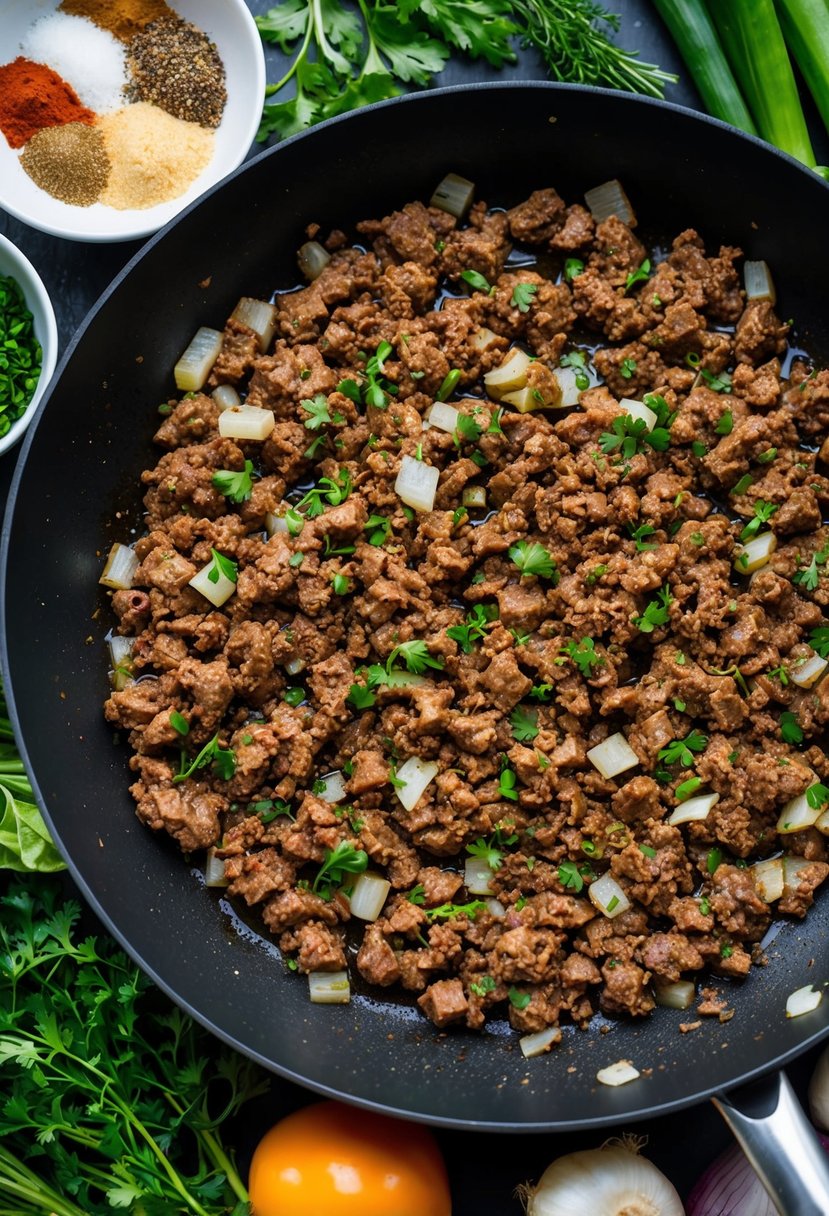 A sizzling skillet of ground beef with diced onions and spices, surrounded by a variety of fresh herbs and vegetables