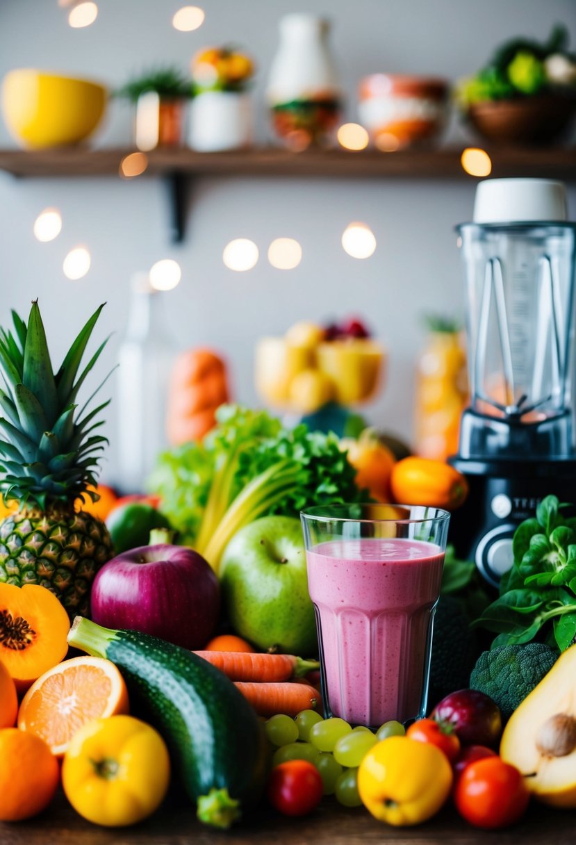 A colorful array of fresh fruits and vegetables, a blender, and a glass filled with a vibrant, creamy smoothie