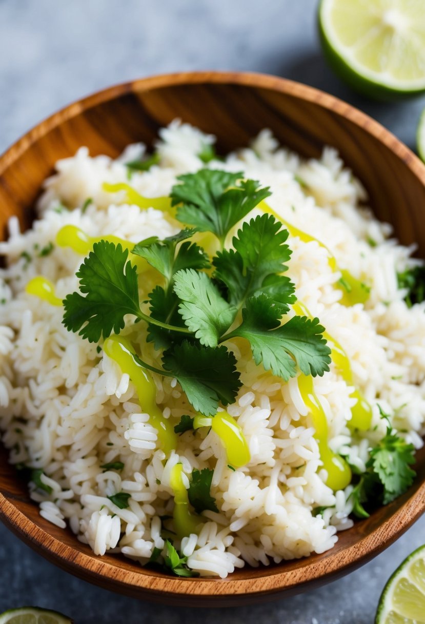 A wooden bowl filled with fluffy white rice, garnished with vibrant green cilantro leaves and drizzled with zesty lime juice