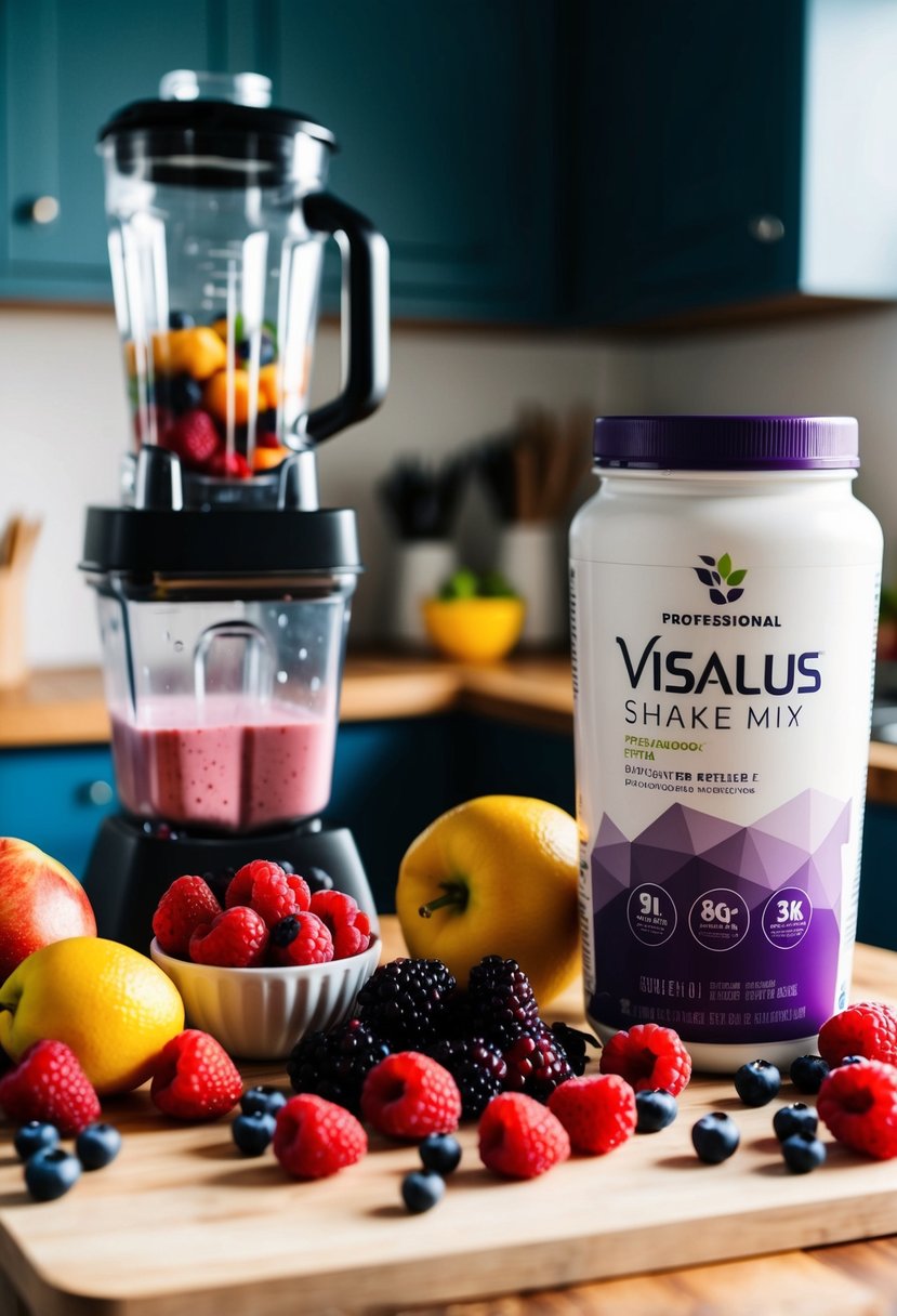 A colorful array of fresh berries, a blender, and a ViSalus shake mix on a kitchen counter