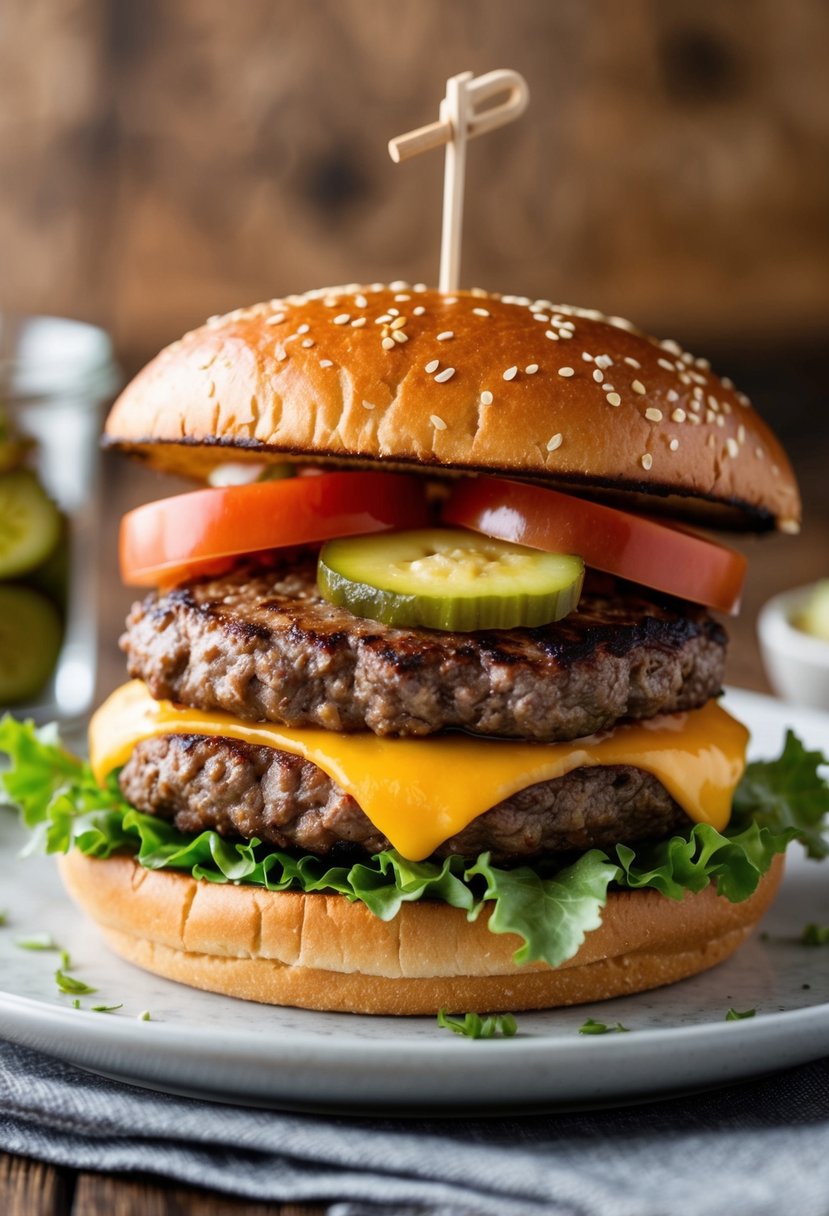 A sizzling beef patty topped with melted cheese, lettuce, tomato, and pickles, sandwiched between a toasted sesame seed bun