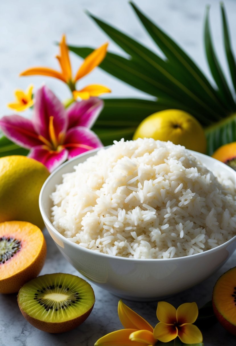 A bowl of fluffy white rice surrounded by colorful tropical fruits and flowers