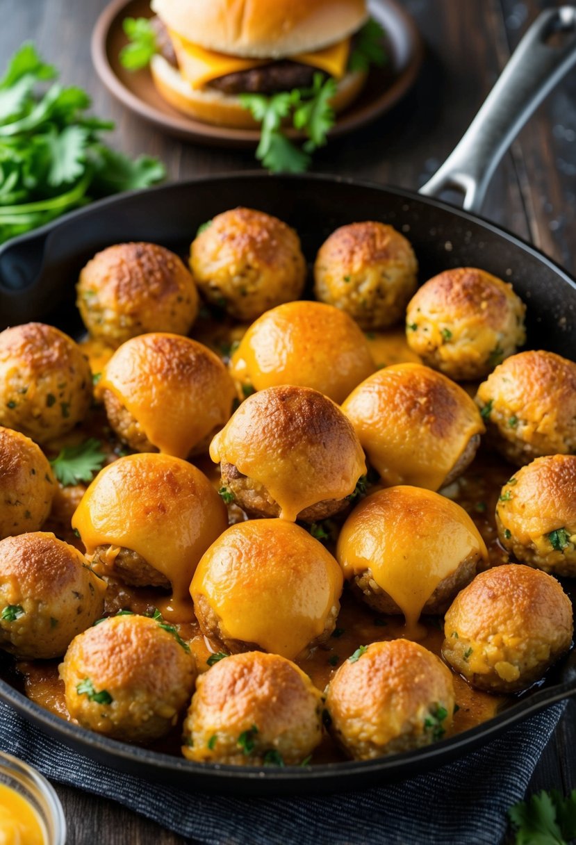 A sizzling skillet filled with golden brown cheesy stuffed burger balls, oozing with melted cheese and surrounded by fresh burger toppings