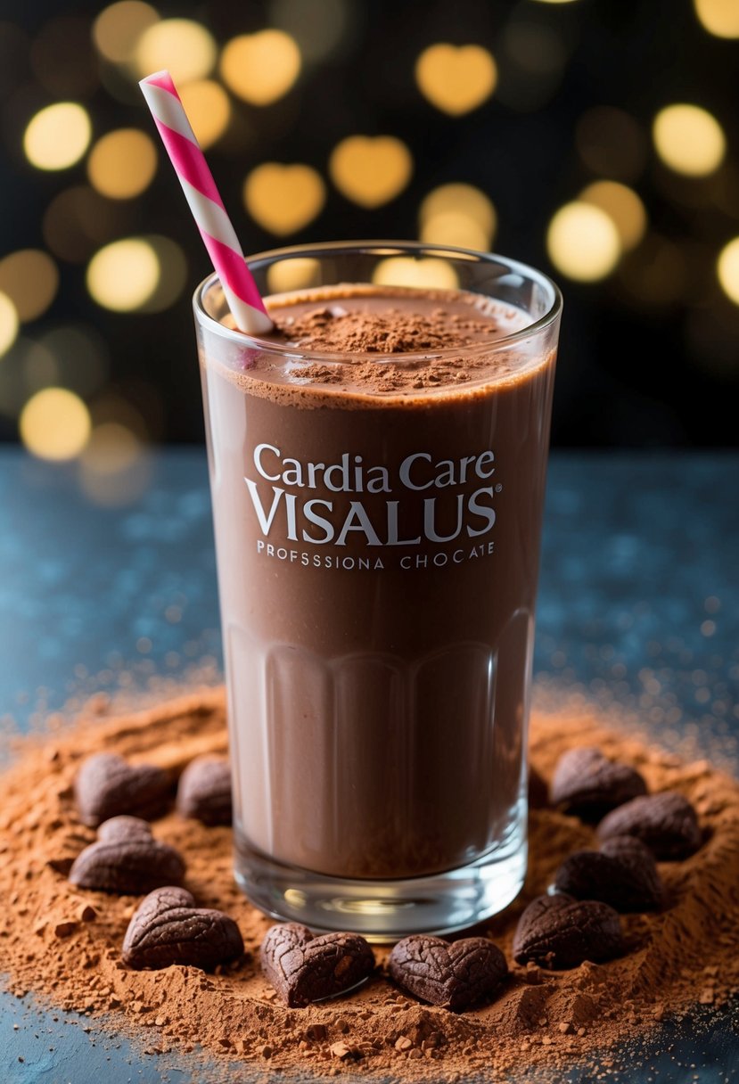 A glass filled with chocolate Cardia Care ViSalus shake surrounded by cocoa powder and heart-shaped cocoa nibs