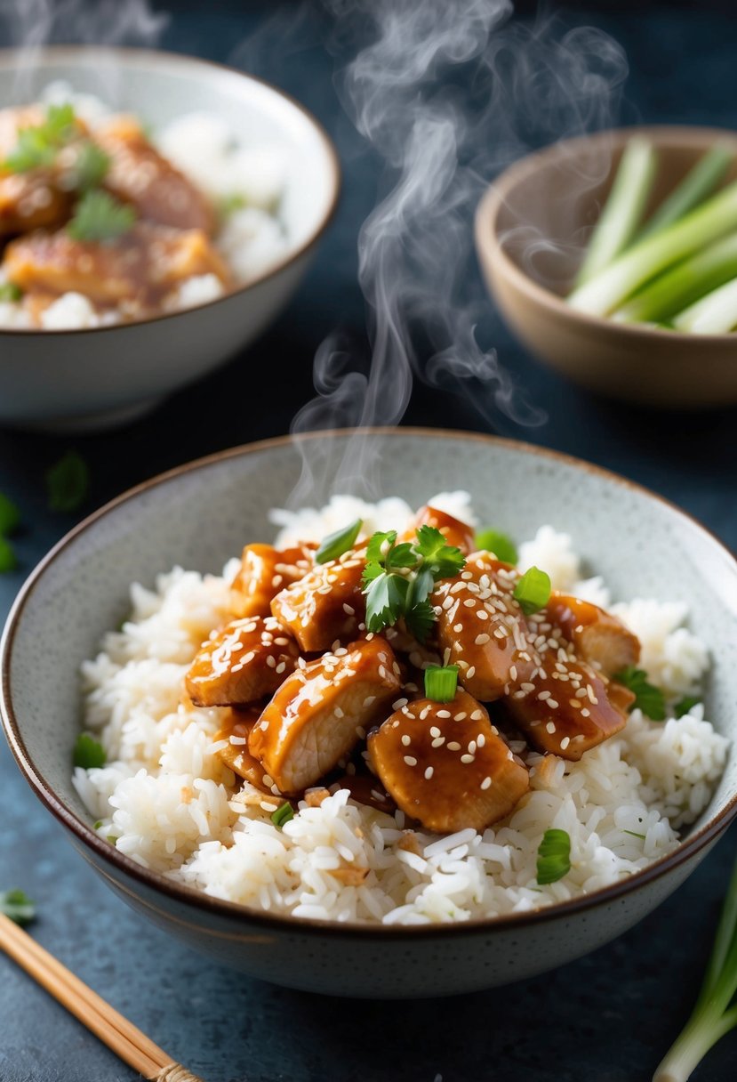 A steaming bowl of white rice topped with teriyaki chicken, garnished with sesame seeds and green onions, served in a ceramic bowl