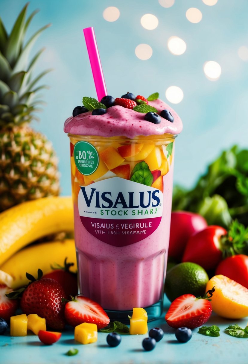 A vibrant, overflowing ViSalus shake surrounded by fresh fruits and vegetables