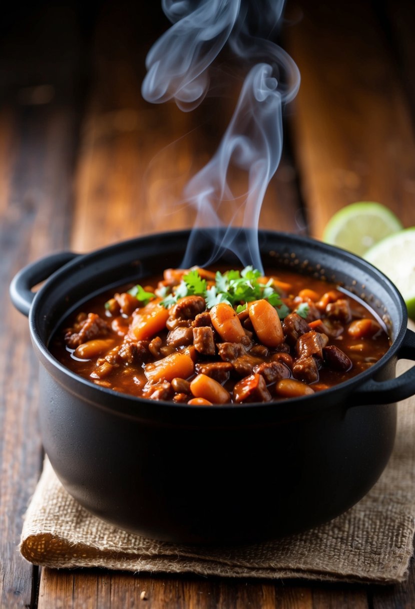 A simmering pot of beef and bean chili with steam rising