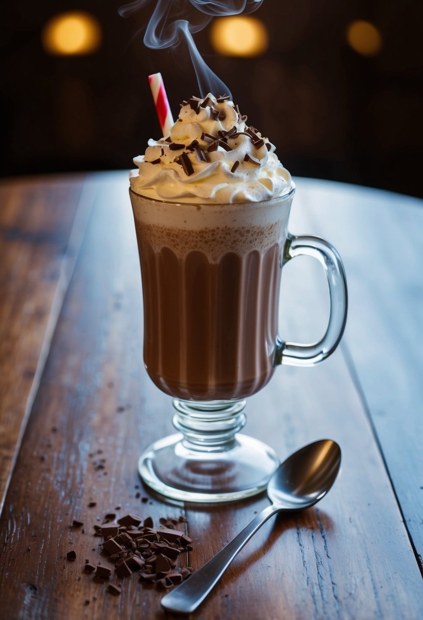 A steaming hot chocolate shake sits on a wooden table, topped with whipped cream and chocolate shavings. A spoon rests beside it