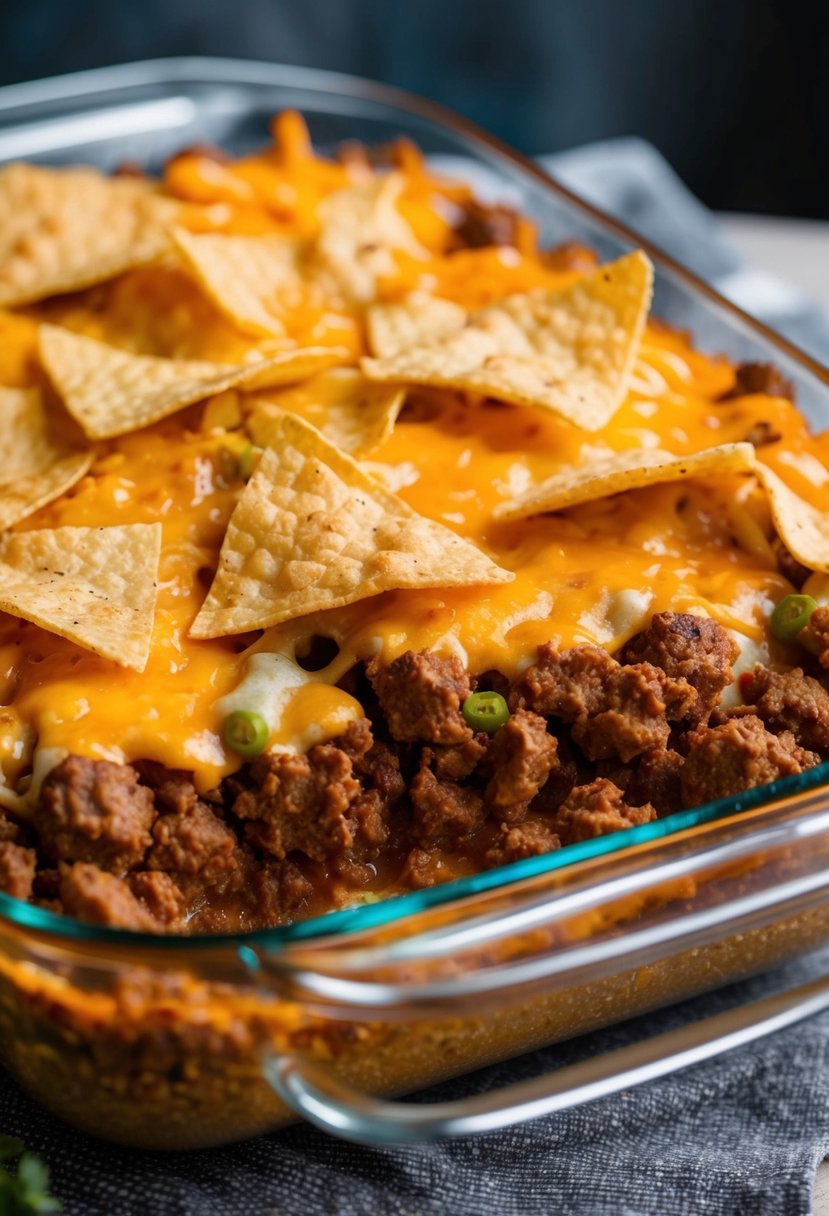 A bubbling casserole dish filled with layers of spicy taco seasoned hamburger meat, melted cheese, and crunchy tortilla chips on top