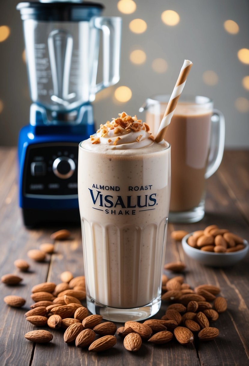 A glass filled with a creamy almond roast Visalus shake surrounded by scattered almonds and a blender in the background