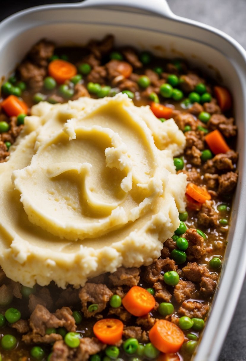 A bubbling pot of seasoned hamburger meat, mixed with peas and carrots, topped with a layer of creamy mashed potatoes in a baking dish