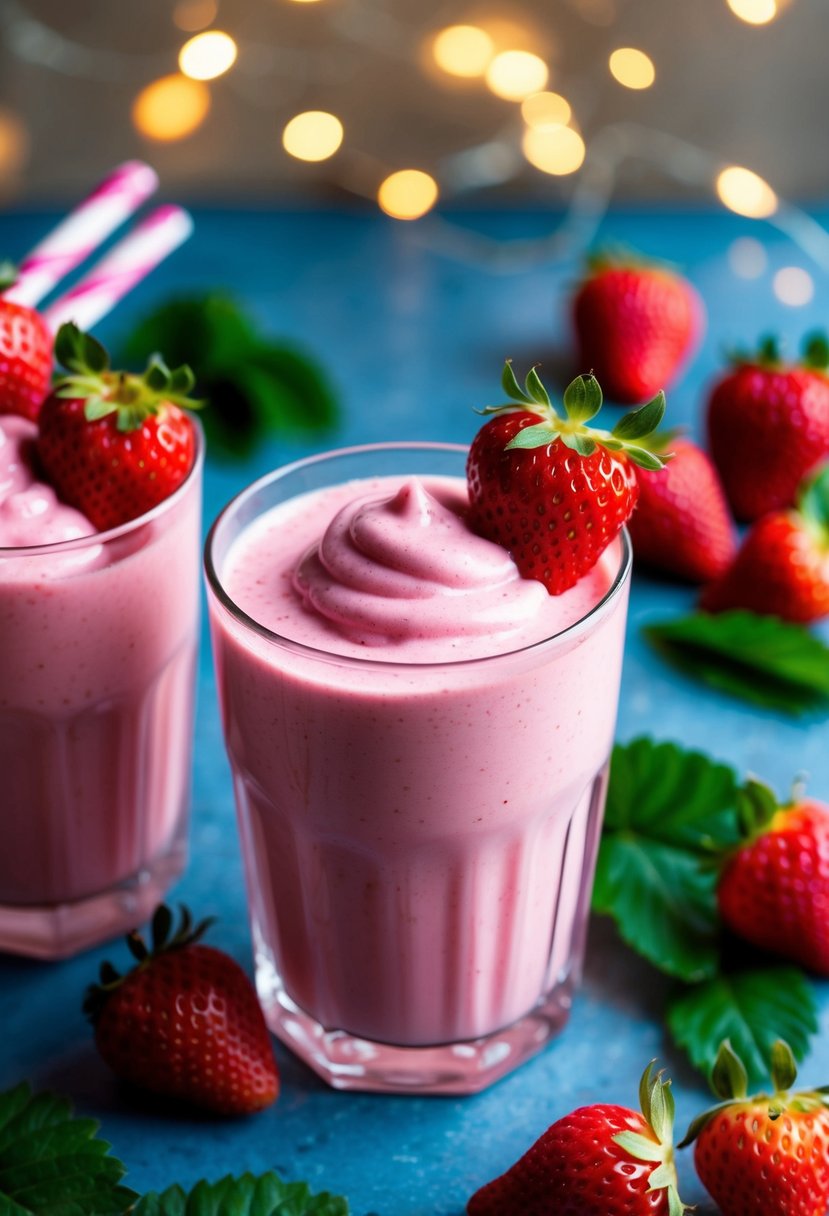 A glass filled with a vibrant pink strawberry shake surrounded by fresh strawberries and green leaves