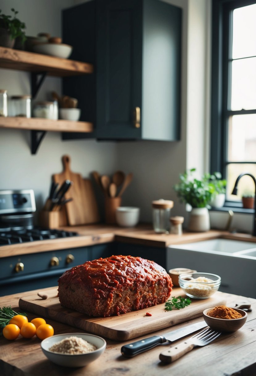 A rustic kitchen counter with ingredients and tools for making homemade beef meatloaf