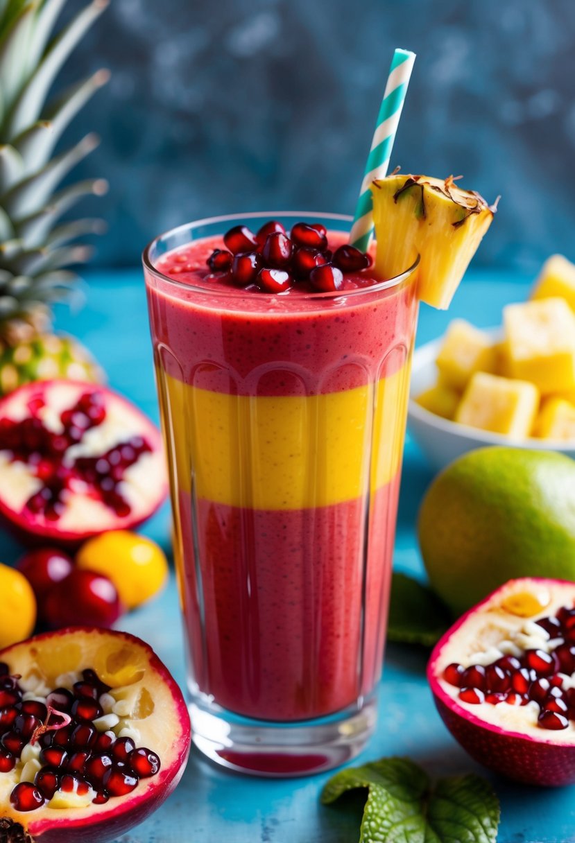 A glass filled with a vibrant red and yellow smoothie, topped with pomegranate seeds and pineapple chunks, surrounded by fresh fruit and a blender