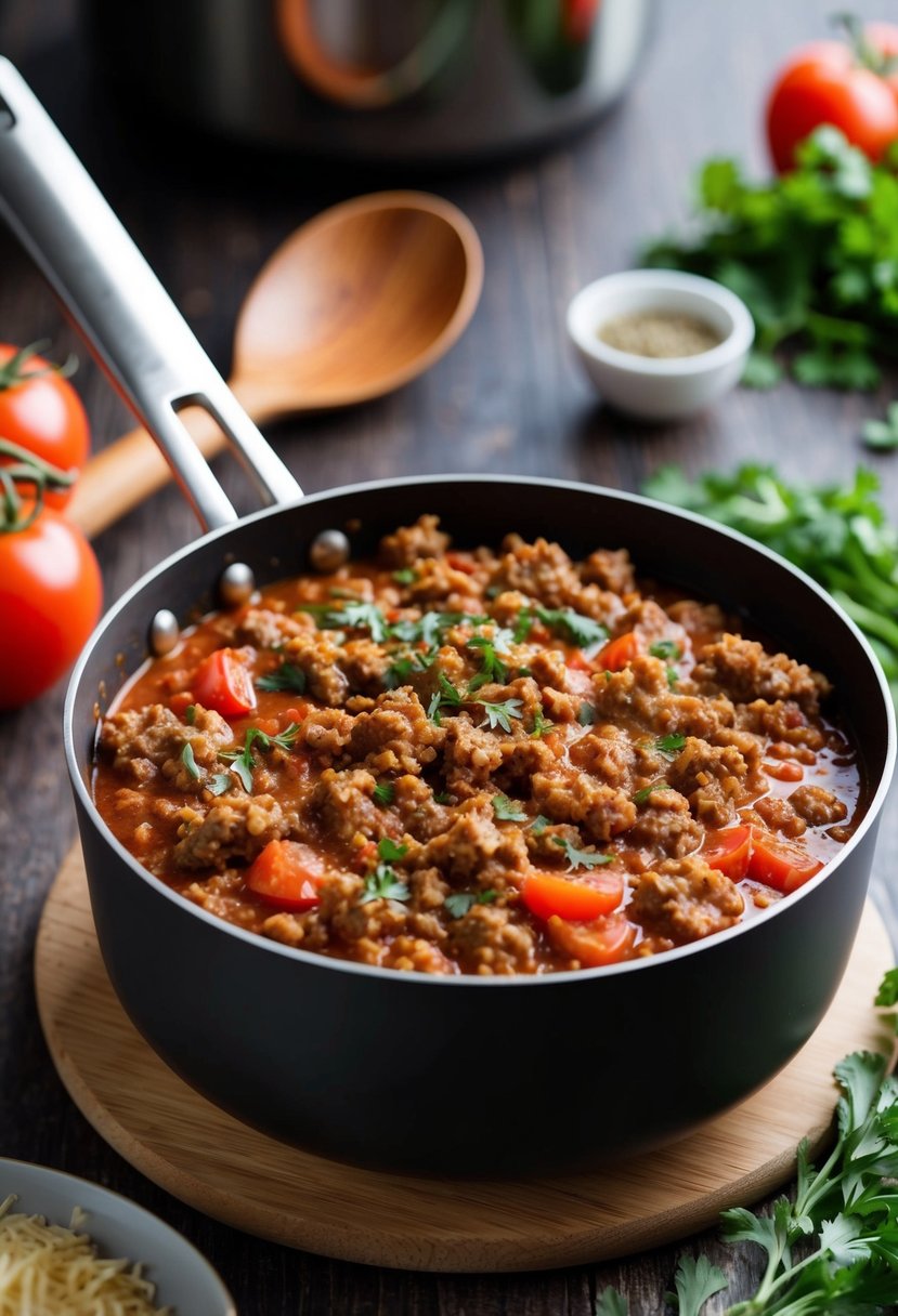 A pot of simmering Bolognese sauce with ground hamburger meat, tomatoes, and herbs