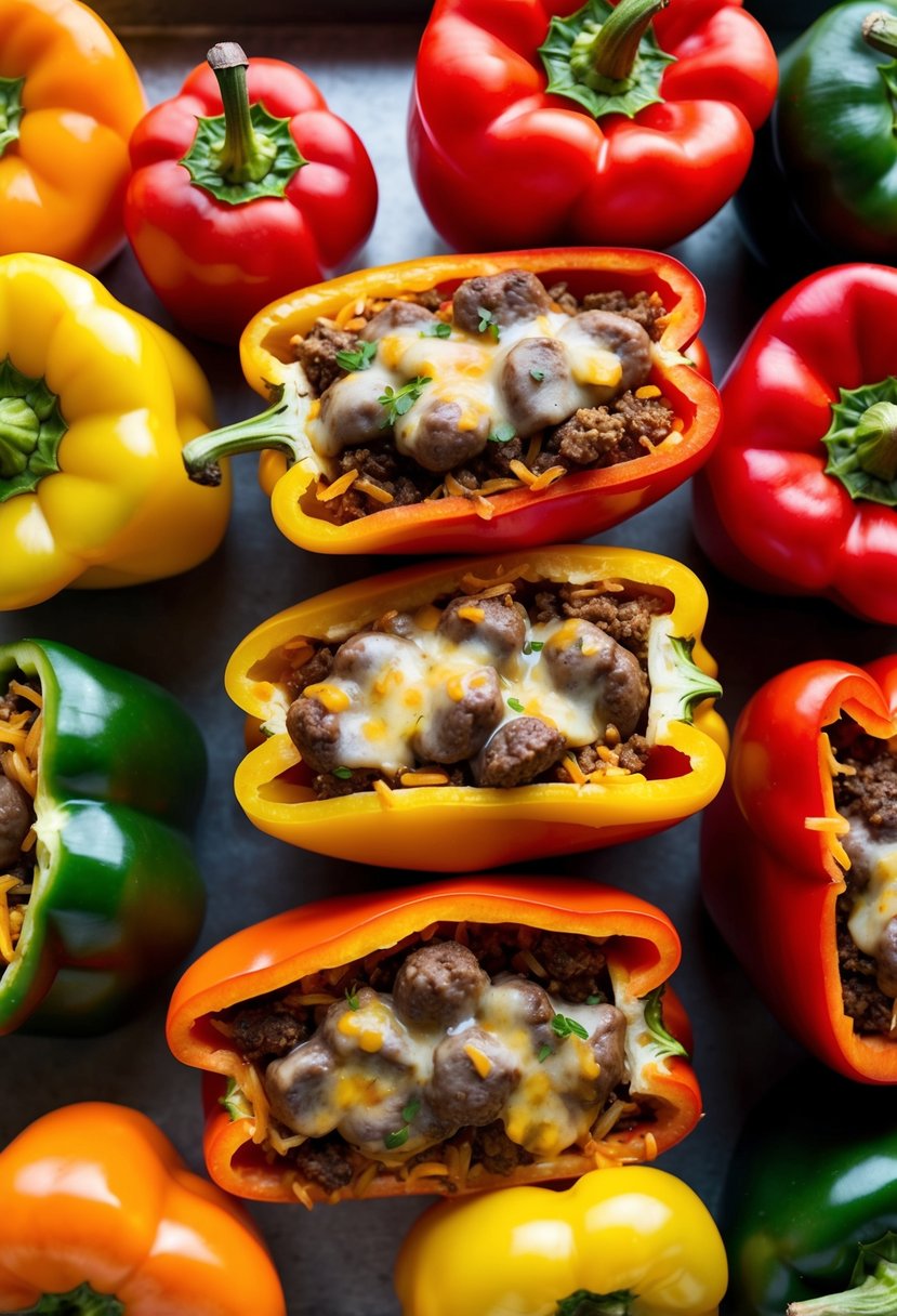 A colorful array of bell peppers, split open and filled with savory hamburger meat, rice, and spices, ready to be baked to perfection