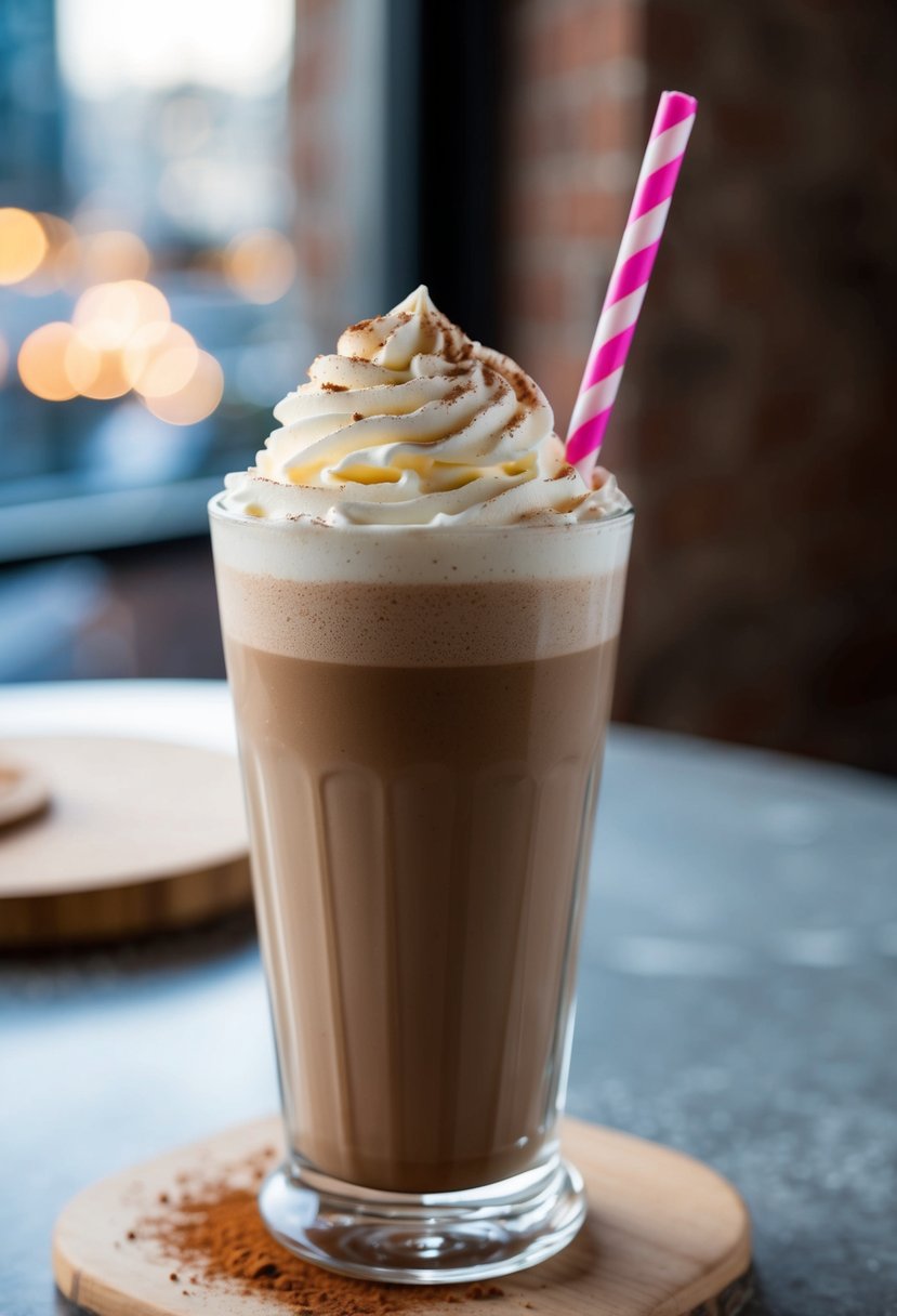 A tall glass filled with a creamy French Roast Coffee Shake, topped with whipped cream and a sprinkle of cocoa powder