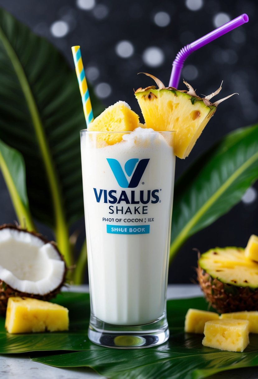 A tall glass filled with frozen pineapple chunks, coconut milk, and a scoop of ViSalus shake mix, surrounded by tropical leaves and a colorful straw