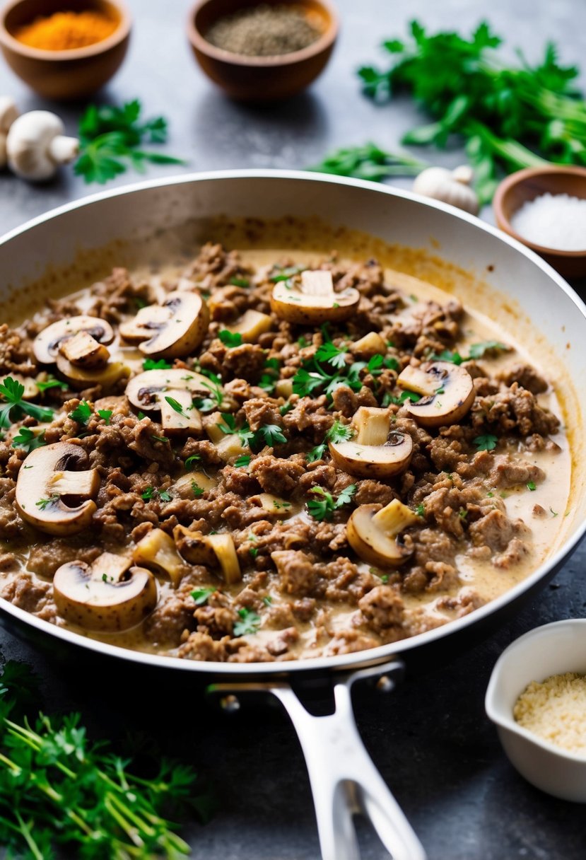 A sizzling skillet of ground beef and mushrooms cooking in a creamy sauce, surrounded by fresh herbs and spices