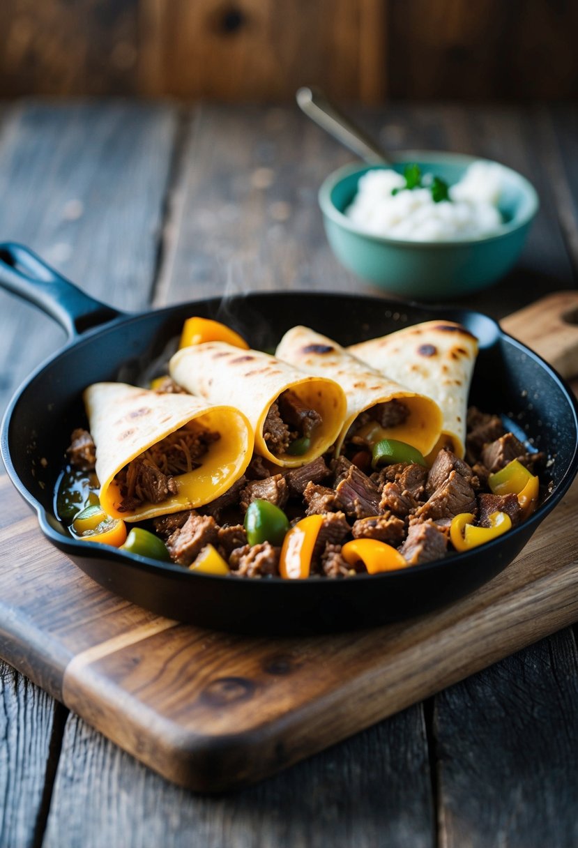 A sizzling skillet of beef, peppers, and cheese, folded into golden-brown tortillas on a rustic wooden cutting board