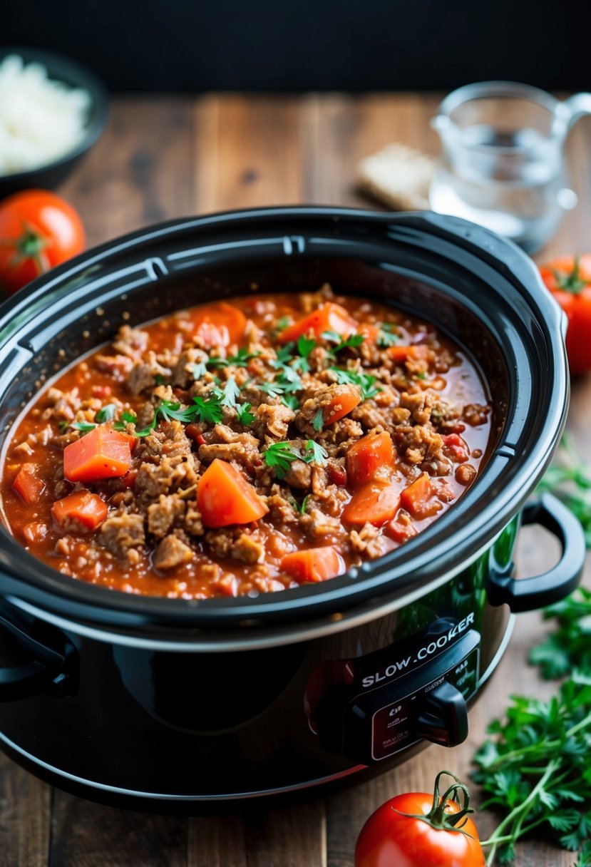 A slow-cooker filled with simmering Bolognese sauce, with chunks of ground hamburger meat, tomatoes, and herbs