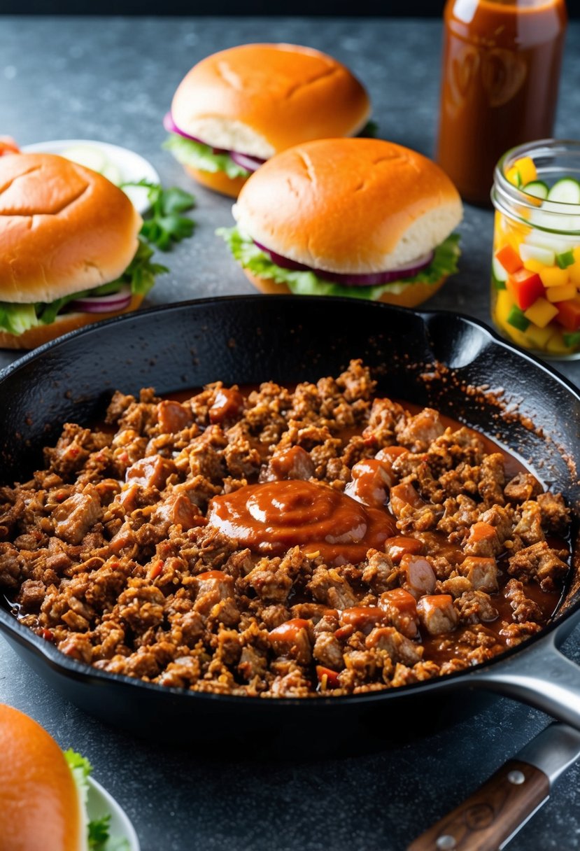 A sizzling skillet of ground beef simmering in tangy BBQ sauce, surrounded by fresh buns and colorful ingredients