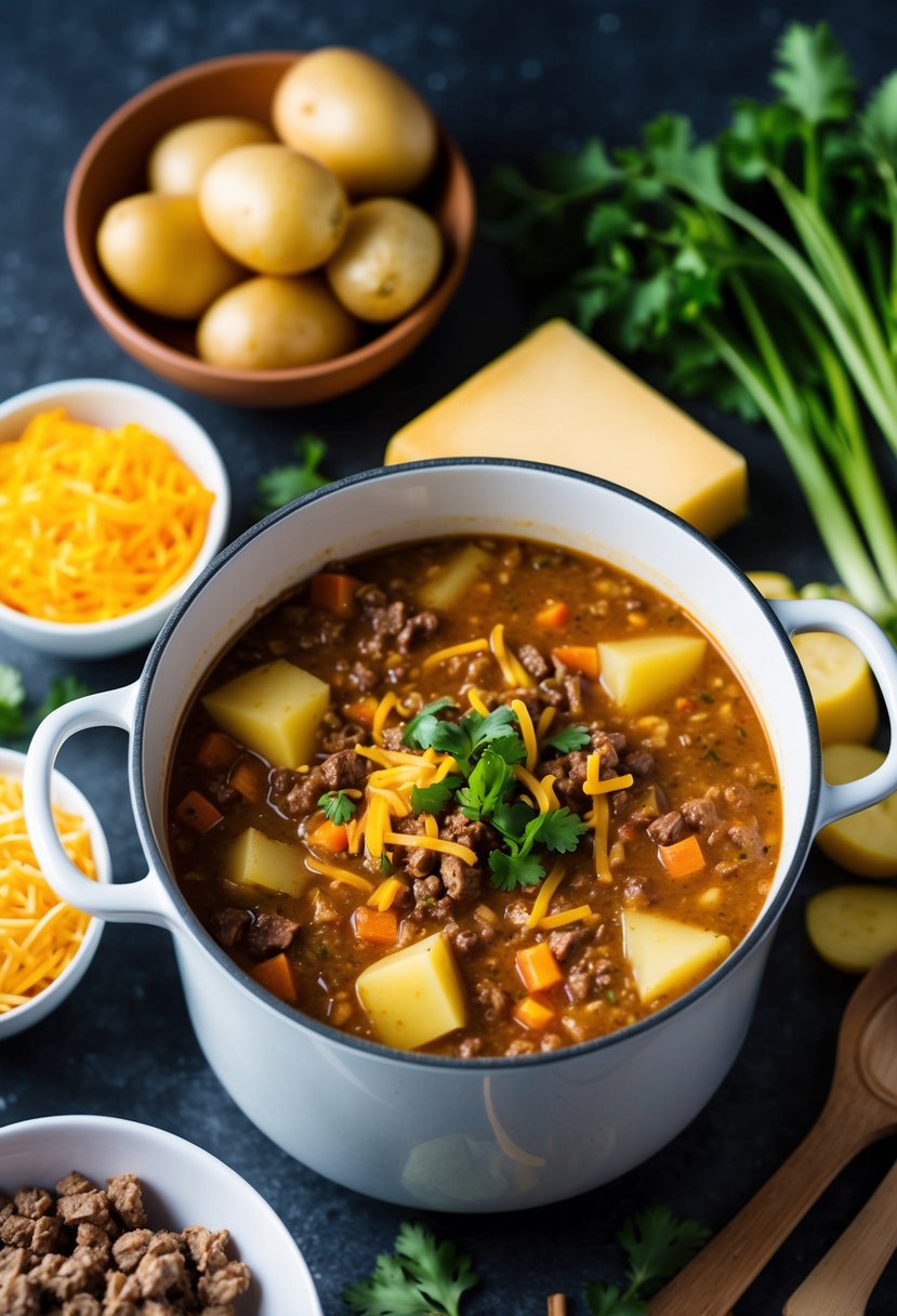 A pot of bubbling cheeseburger soup surrounded by ingredients like ground beef, cheese, potatoes, and vegetables