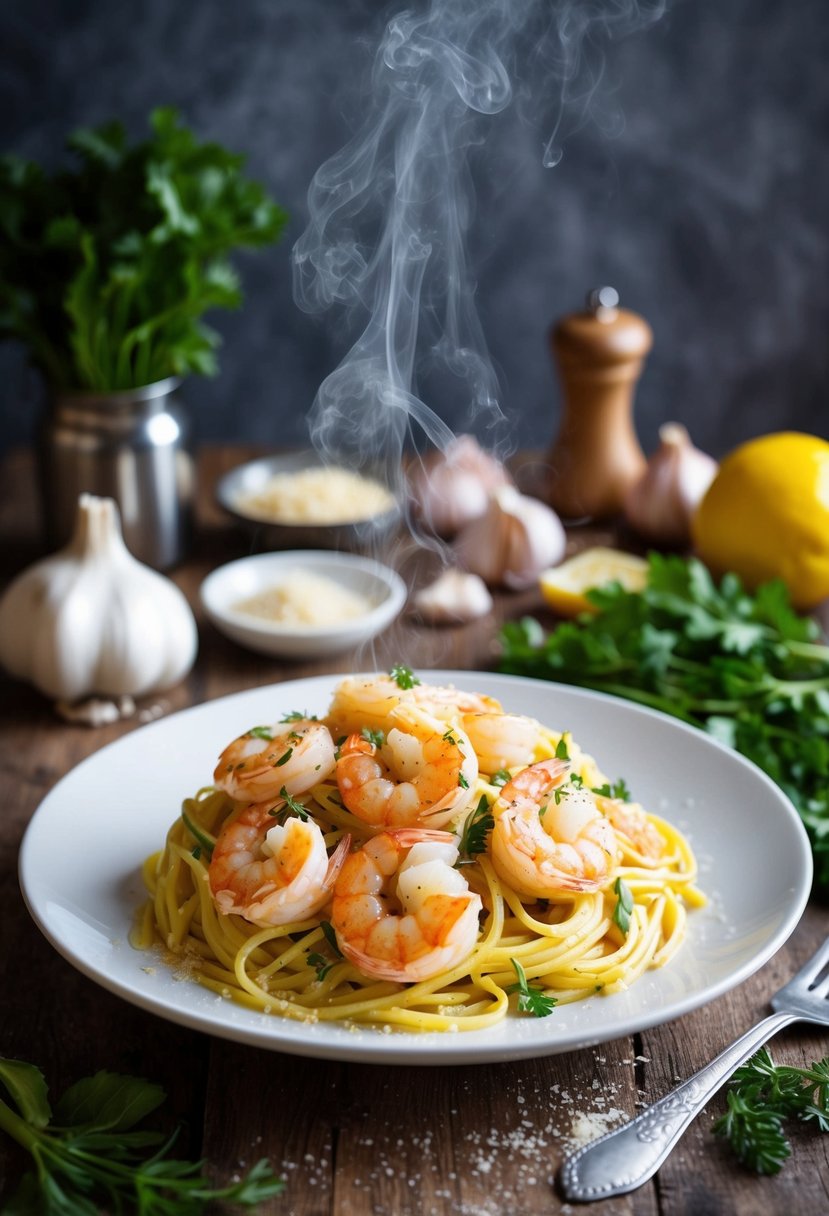 A steaming plate of shrimp pasta with garlic, herbs, and a sprinkle of parmesan, surrounded by fresh ingredients and a rustic kitchen backdrop