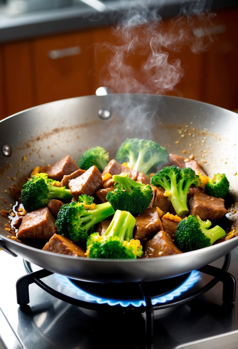 A sizzling wok filled with tender chunks of beef, vibrant green broccoli florets, and a savory soy-based sauce, emitting a mouthwatering aroma