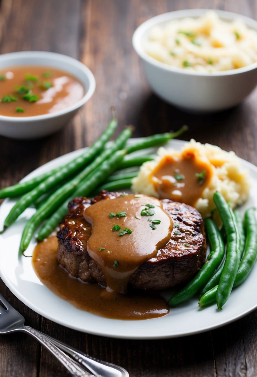 A sizzling Salisbury steak with rich brown gravy, served on a white plate with a side of mashed potatoes and green beans