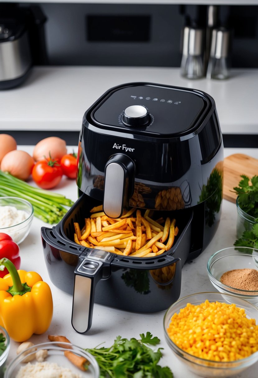 A variety of ingredients and kitchen utensils surround an air fryer, with food being prepared to be placed inside for cooking