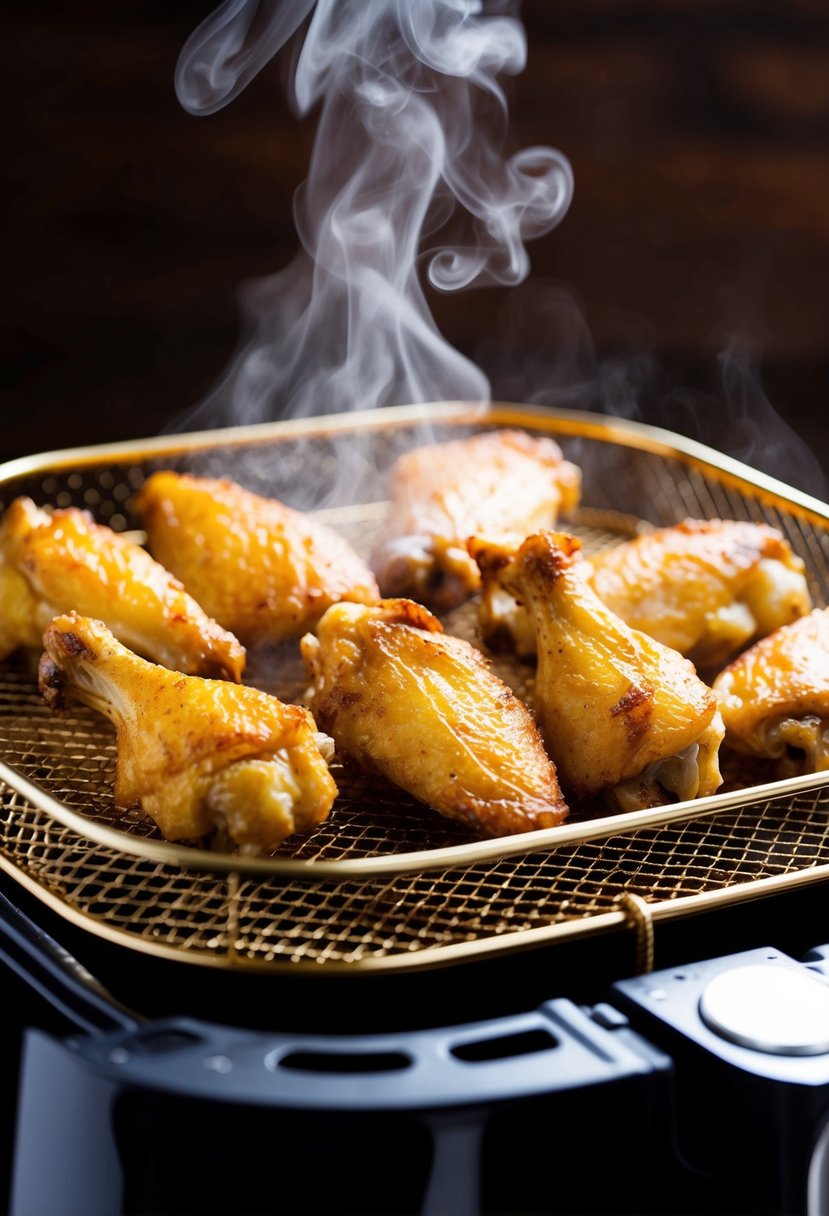 Golden chicken wings sizzling in the air fryer basket. Steam rising, crispy skin glistening