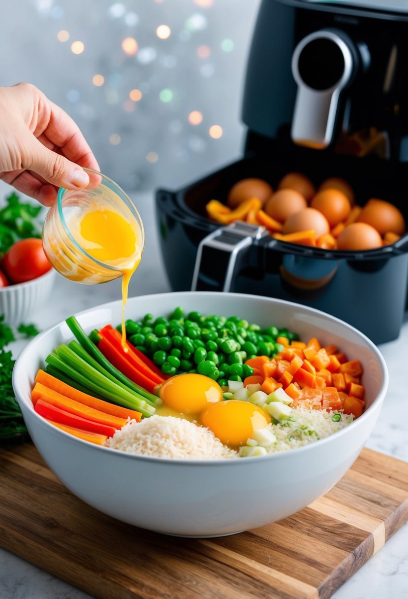 A colorful array of fresh vegetables and eggs being mixed in a bowl, with an air fryer in the background