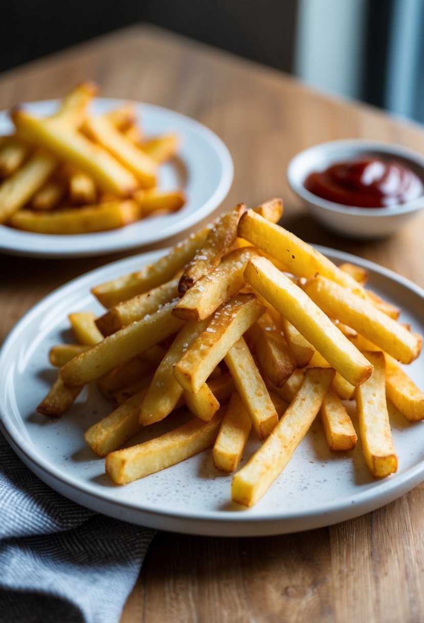 Freshly cooked French fries sitting in a golden-brown pile on a white ceramic plate, with a sprinkle of salt and a side of ketchup