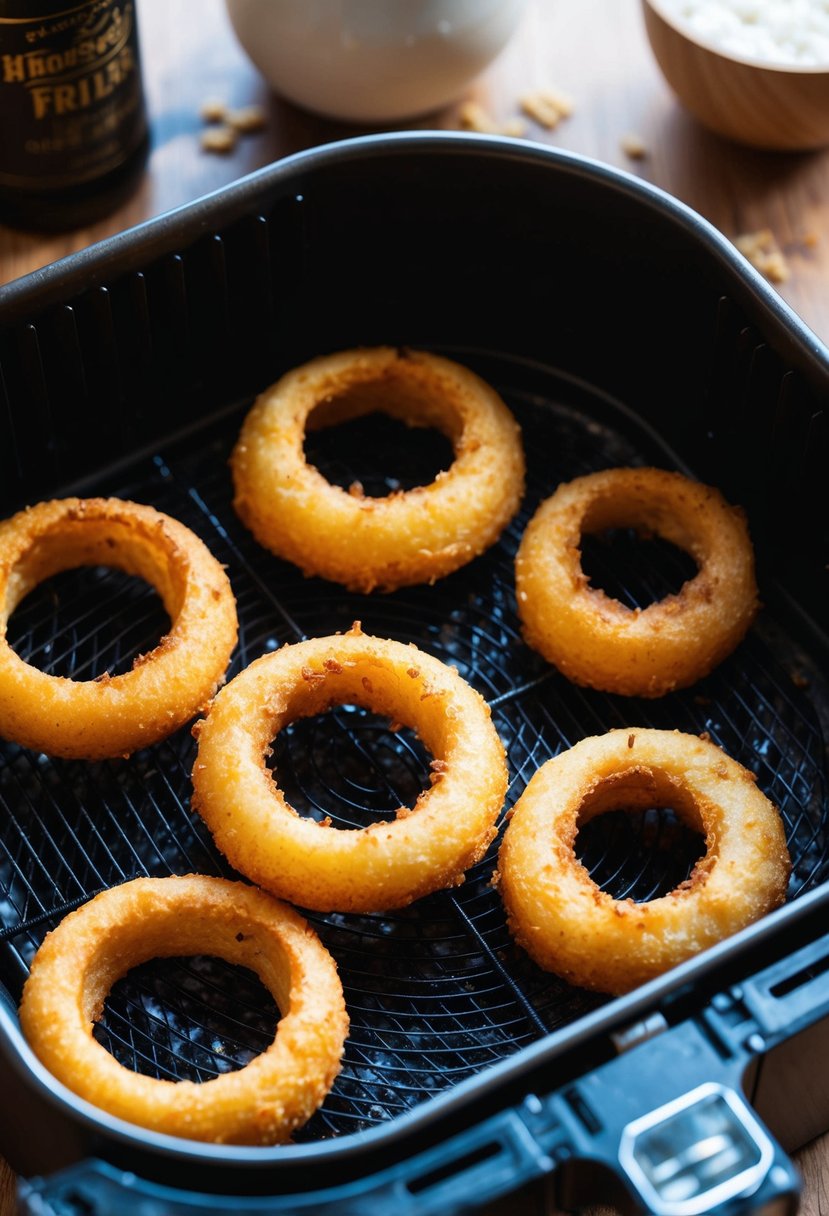 Golden, crispy onion rings sizzling in the air fryer basket, surrounded by the aroma of fried goodness