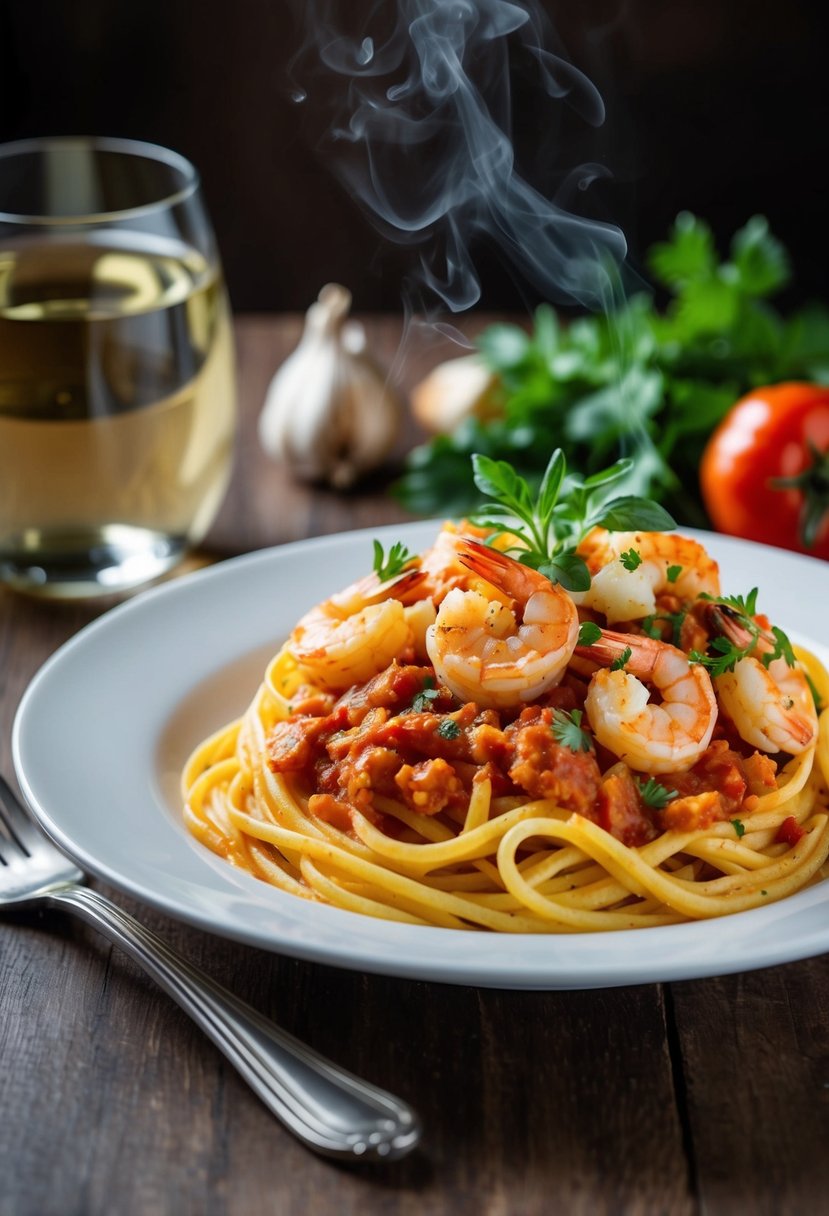 A steaming plate of Shrimp Fra Diavolo pasta with spicy tomato sauce, garlic, and fresh herbs. A glass of white wine sits nearby