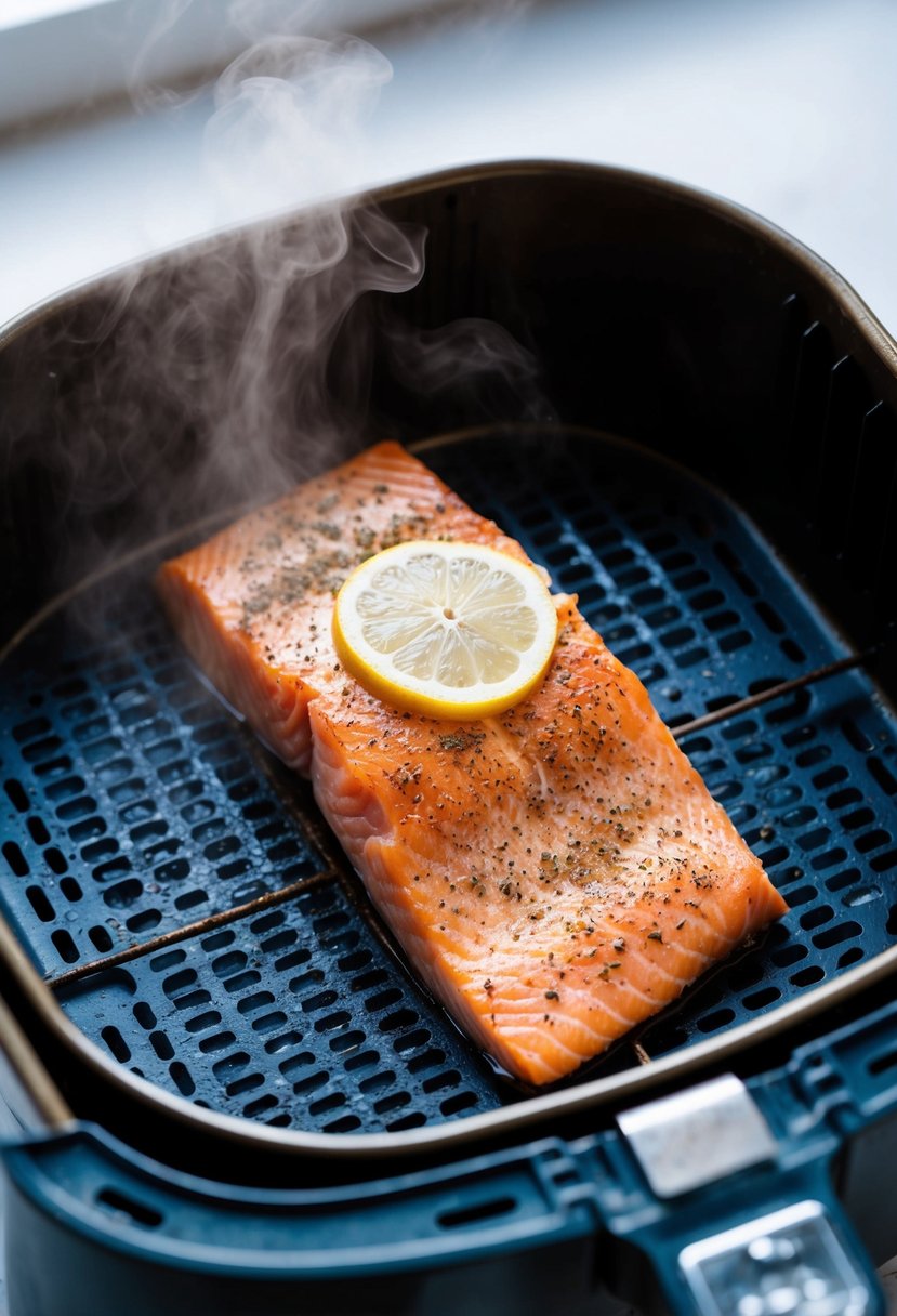 A whole salmon fillet seasoned with lemon pepper sits in an air fryer basket, surrounded by a light mist of steam