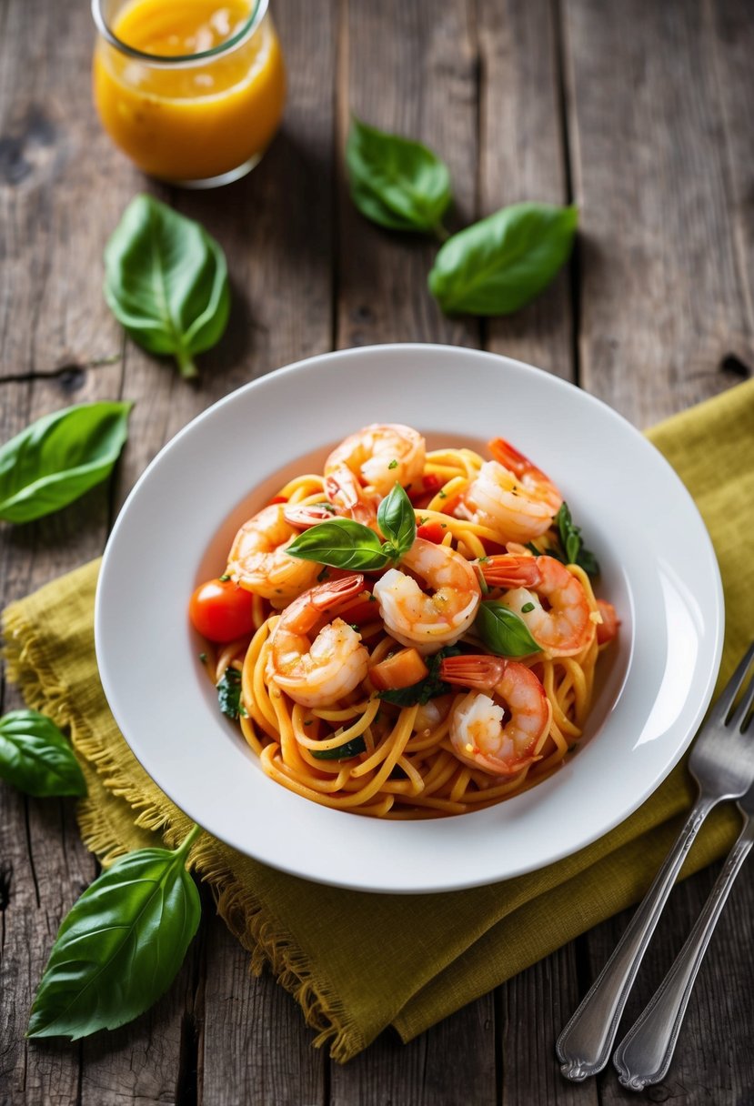 A steaming plate of tomato basil shrimp pasta on a rustic wooden table, with fresh basil leaves scattered around