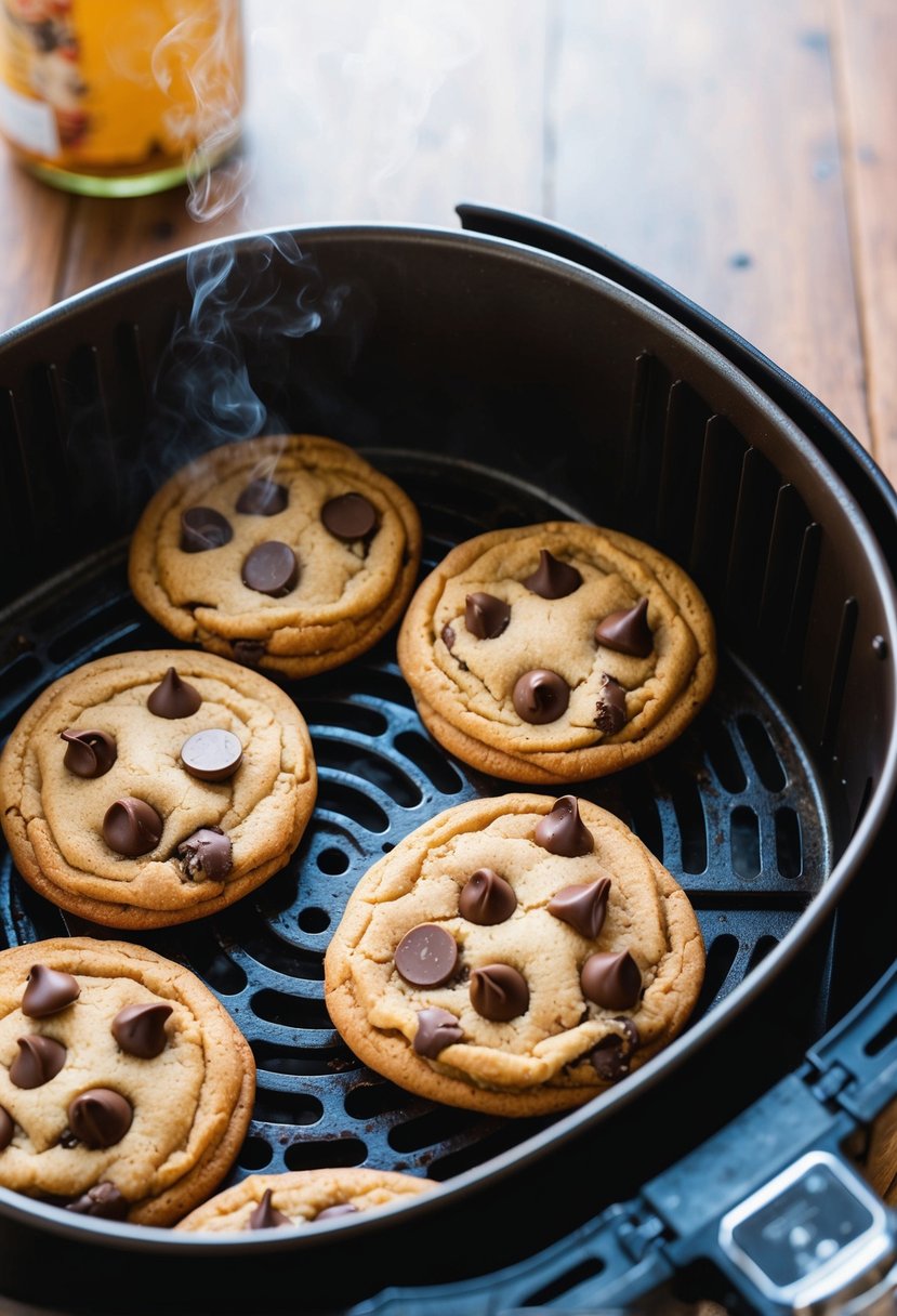 A batch of chocolate chip cookies cooking in an air fryer, emitting a delicious aroma