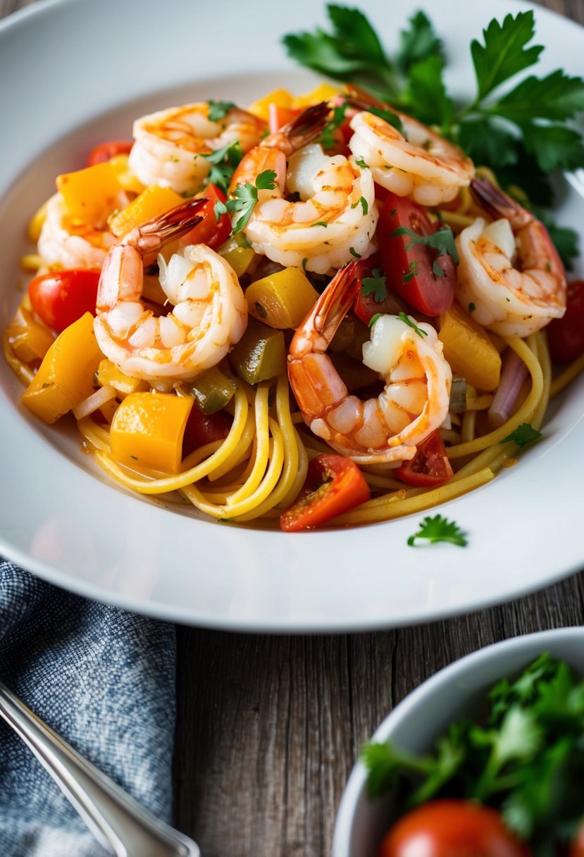 A steaming plate of Spanish shrimp pasta with a colorful mix of sautéed bell peppers, onions, and tomatoes, garnished with fresh parsley