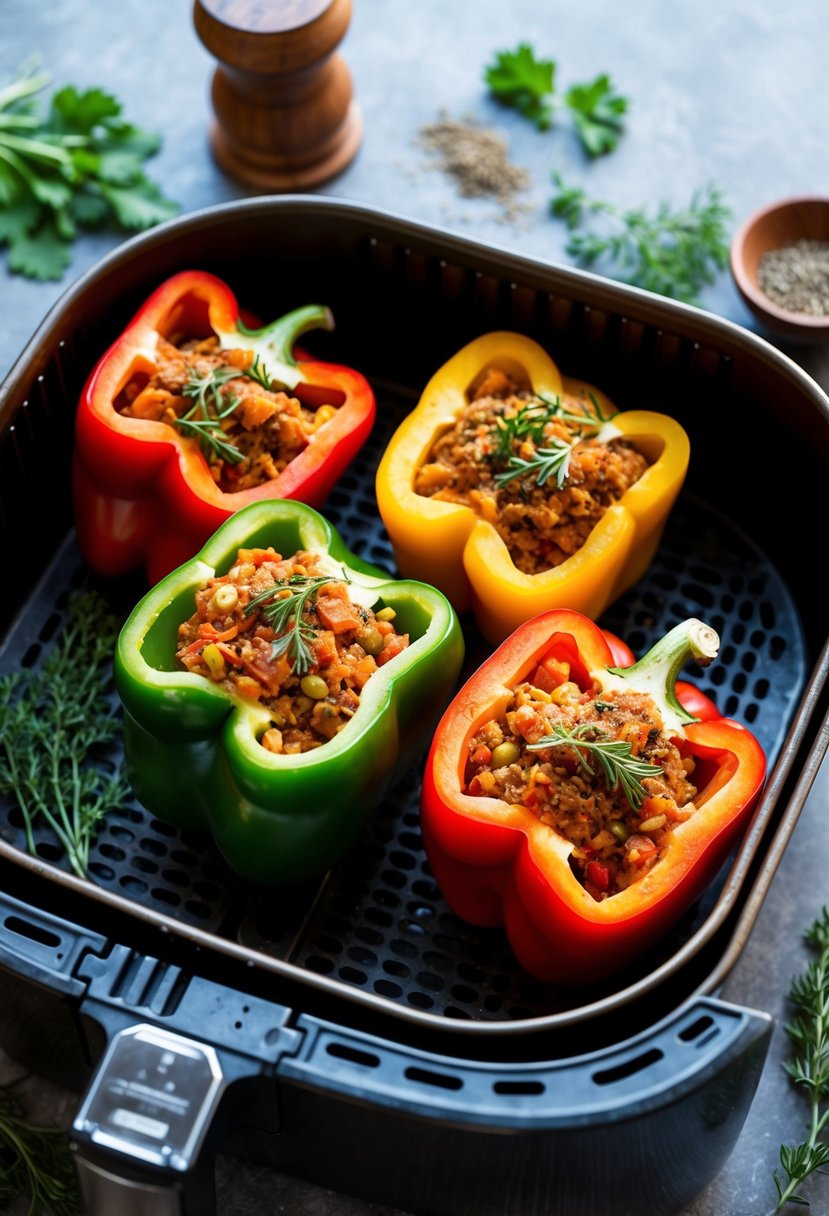 Freshly cut bell peppers filled with savory mixture, placed in the air fryer basket, surrounded by herbs and spices