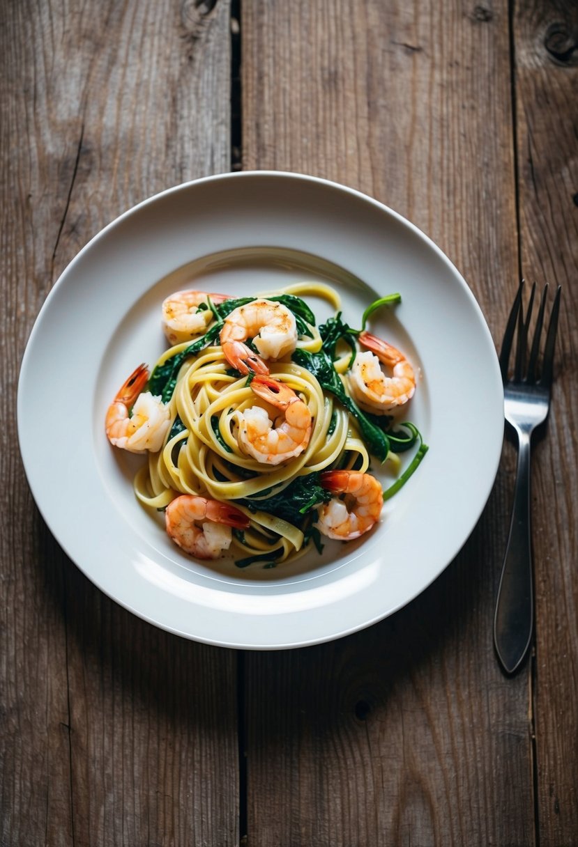 A plate of shrimp and spinach linguine sits on a rustic wooden table, with a fork resting beside it