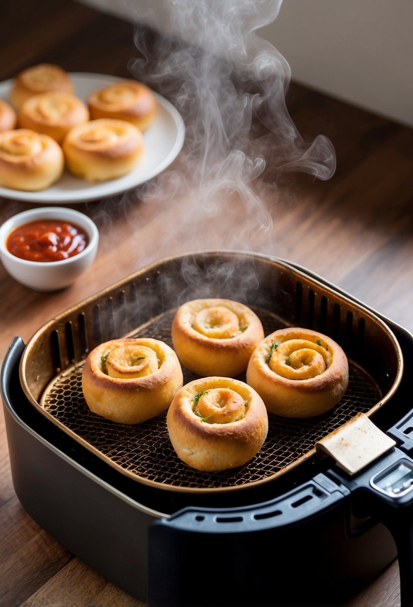 Golden pizza rolls sizzling in the air fryer basket, surrounded by steam and accompanied by a side of marinara sauce