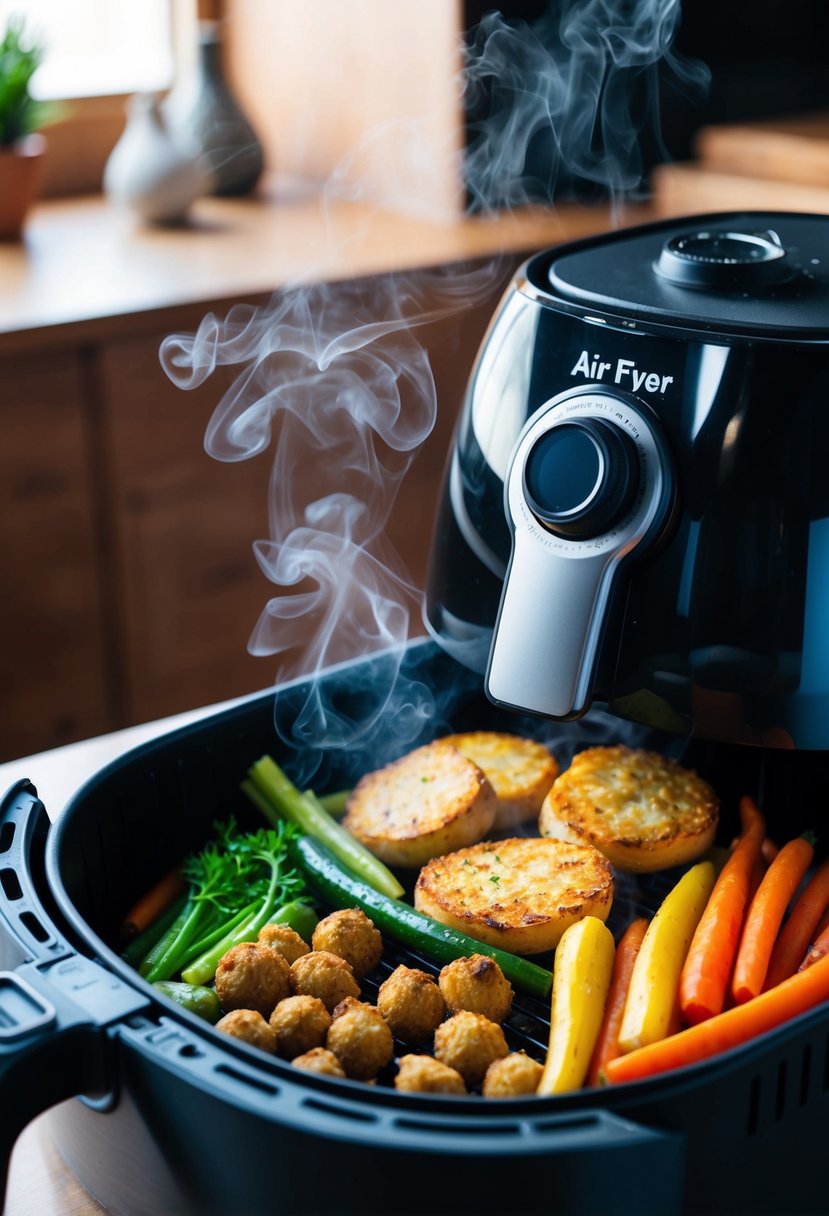 Assorted vegetables and lean proteins sizzling in an air fryer, emitting aromatic steam