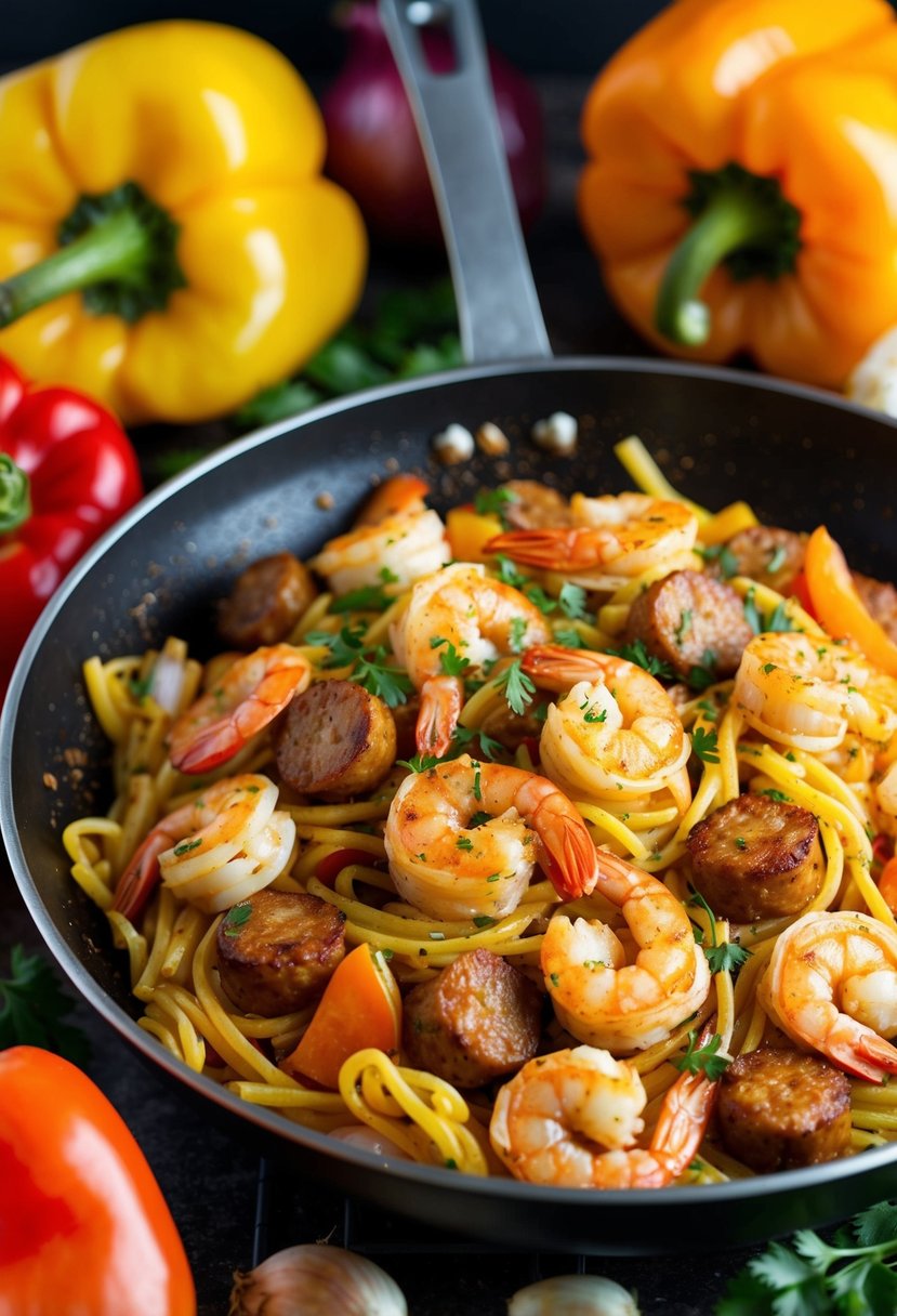 A steaming skillet of Cajun shrimp and sausage pasta sizzling with spices and herbs, surrounded by colorful bell peppers and onions